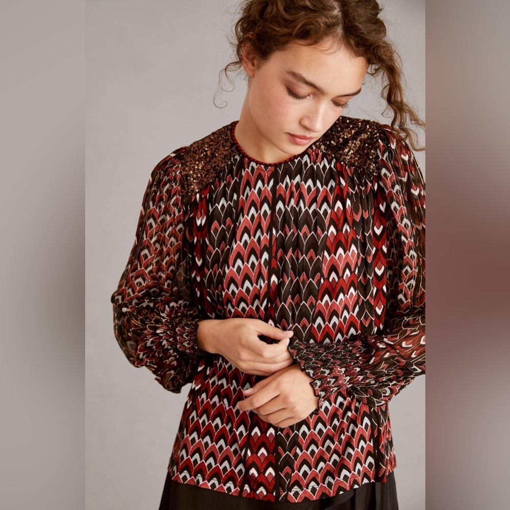 ✨ Anthropologie Sequin Embellished Blouse Sz SP - Picture 2 of 6
